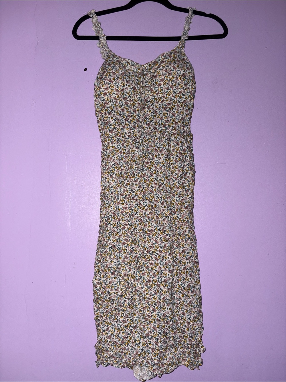 AUW Floral Smocked Midi Dress in White with Yellow & Green Print